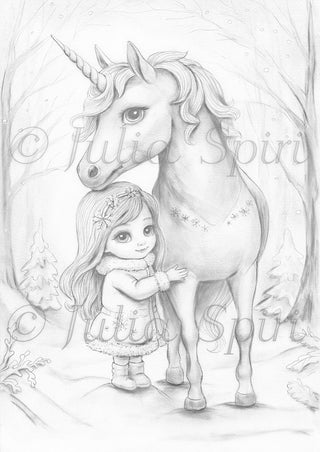 Página para colorear en escala de grises. El unicornio de invierno y Little Whimsy