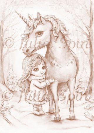 Grayscale Coloring Page. The Winter Unicorn and Little Whimsy