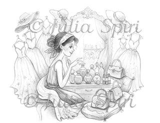 Grayscale Coloring Page. Beautiful Girl with Dresses, Hats, Handbags and Perfumes. The Dreaming Wardrobe