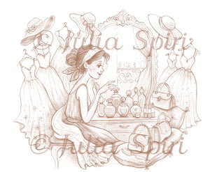 Grayscale Coloring Page. Beautiful Girl with Dresses, Hats, Handbags and Perfumes. The Dreaming Wardrobe