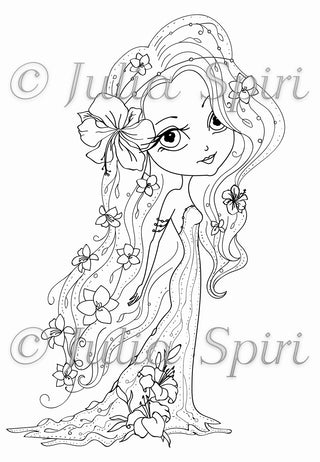 Dibujo para colorear, habitante del jardín. la niña de las flores