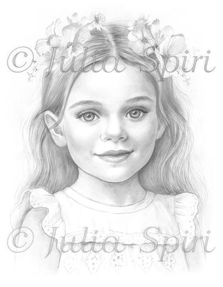 Grayscale Coloring Page, Portrait of Little Girl. The World Through Her Eyes