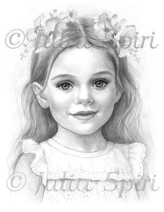 Grayscale Coloring Page, Portrait of Little Girl. The World Through Her Eyes