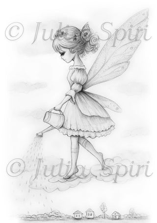 Grayscale Coloring Page, Fairy Girl. The Rain