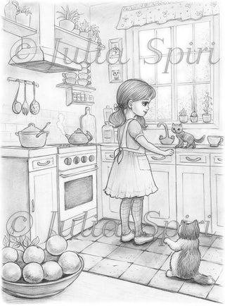 Grayscale Coloring Page, Little Girl and Cats. Tiny Chef in the Kitchen