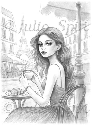 Grayscale Coloring Page. Vacation in Paris