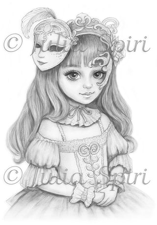 Grayscale Coloring Page, Girl with Mask in Venice. Venetian Reverie