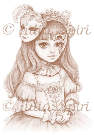 Grayscale Coloring Page, Girl with Mask in Venice. Venetian Reverie