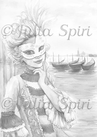 Grayscale Coloring Page, Girl with Mask in Venice, Gondolas. Venetian fairytale