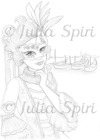 Grayscale Coloring Page, Girl with Mask in Venice, Gondolas. Venetian fairytale