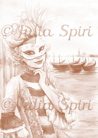 Grayscale Coloring Page, Girl with Mask in Venice, Gondolas. Venetian fairytale