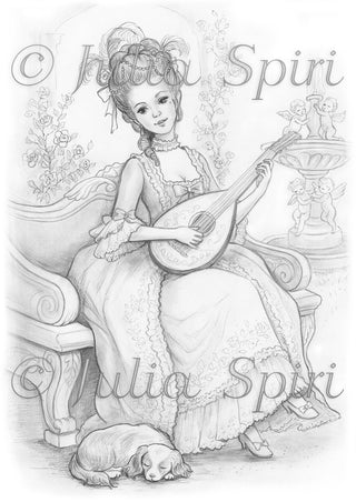 Grayscale Coloring Page. Lady with Rococo Dress Playing Music with Lute. Versailles Afternoon