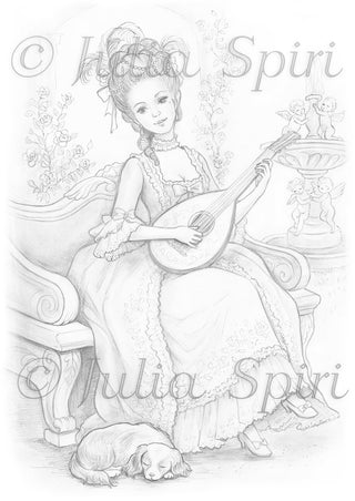 Grayscale Coloring Page. Lady with Rococo Dress Playing Music with Lute. Versailles Afternoon