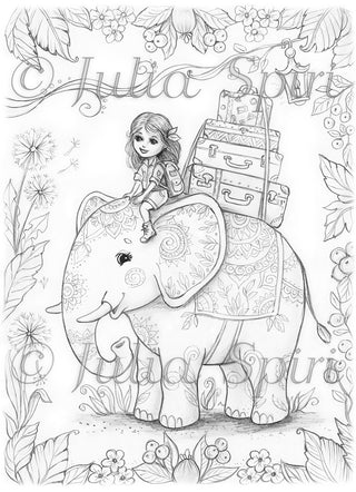 Grayscale Coloring Page. A girl travels on an elephant in a tropical forest. Where Dreams Begin to Travel
