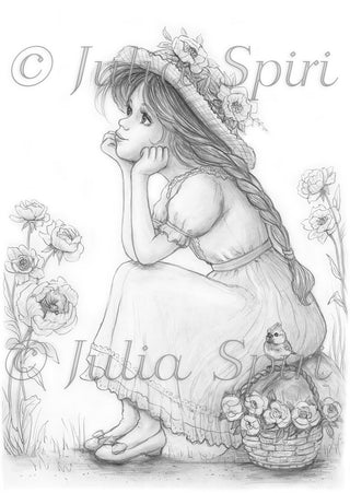 Grayscale Coloring Page. Dreamer Girl in Garden. Where Dreams Bloom