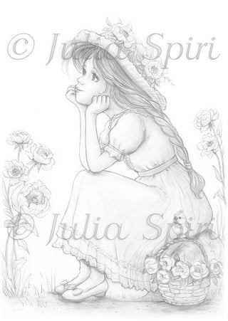 Grayscale Coloring Page. Dreamer Girl in Garden. Where Dreams Bloom