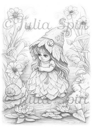 Grayscale Coloring Page. Little Leafling Girl by the Stream. Where Snails Tell Secrets