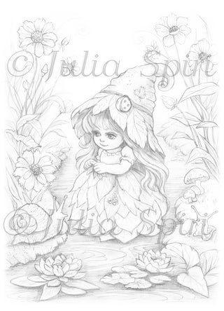 Grayscale Coloring Page. Little Leafling Girl by the Stream. Where Snails Tell Secrets
