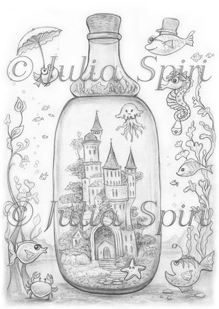 Page de coloriage en niveaux de gris, Château à l’intérieur de la bouteille au bord de la mer. Monde fantaisiste