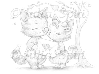 Grayscale Coloring Page. Kittens in Love with a Love Letter. Whiskers in Love
