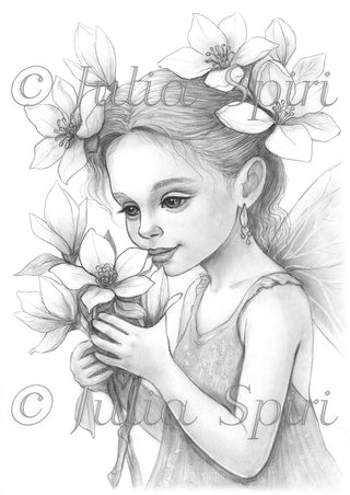 Grayscale Coloring Page. Whimsy Fairy Girl with Magnolias. Whispers of Magnolia