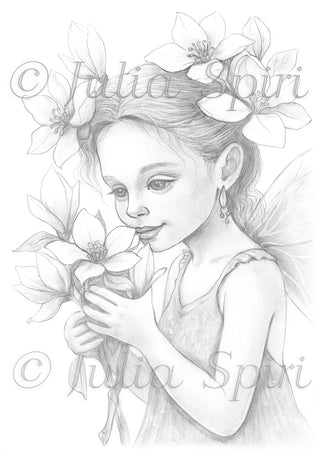 Grayscale Coloring Page. Whimsy Fairy Girl with Magnolias. Whispers of Magnolia
