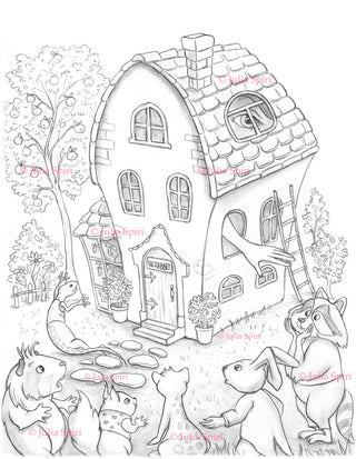 Coloring Page, Alice in Wonderland Creatures, Lizard, Whimsy Home. White Rabbit's House