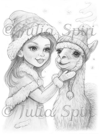 Grayscale Coloring Page. Winter Girl and the Cozy Llama