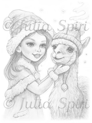 Grayscale Coloring Page. Winter Girl and the Cozy Llama
