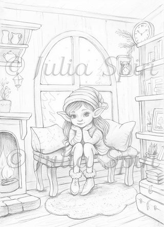 Grayscale Coloring Page, Whimsy Winter Elf in Cozy Home. Winter Mood