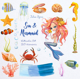 Watercolor Hand Painted Seren, Sea Clip Art. Sea & Mermaid