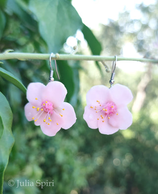 Handmade Polymer Clay Earrings. Cherry Blossom with Dew Drops