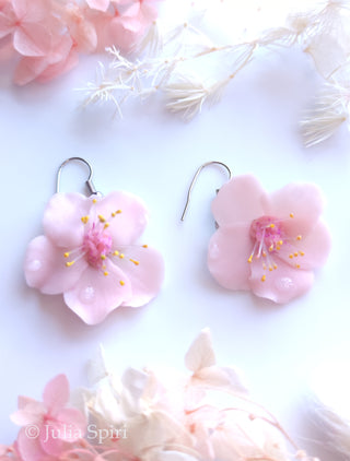 Handmade Polymer Clay Earrings. Cherry Blossom with Dew Drops