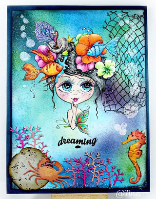 Página para colorear, Chica de fantasía con peces, flores, mariposa. Capricho
