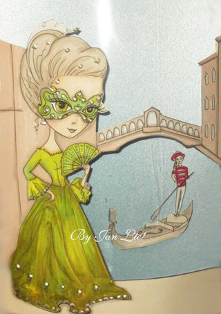 Coloring page, Girl with Mask. Venice