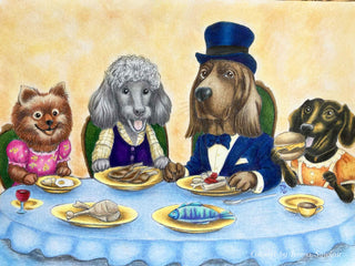 Grayscale Coloring Page, Fun Dogs Eating at the Table. The Aristodogs Banquet