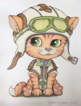 Page de coloriage Steampunk, Fantasy, Whimsy Cat. Chat aviateur
