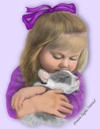 Page de coloriage en niveaux de gris, petite fille avec chat. Tendresse