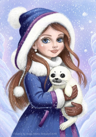 Grayscale Coloring Page. Winter Girl with Seal. Freya and the Seal Pup