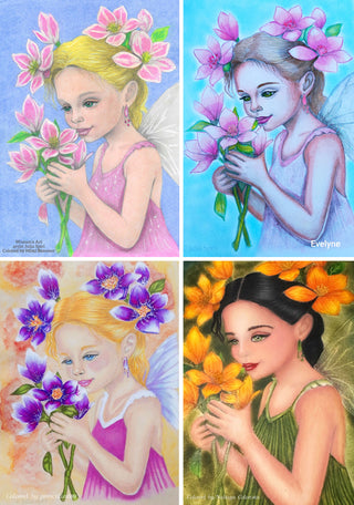 Grayscale Coloring Page. Whimsy Fairy Girl with Magnolias. Whispers of Magnolia