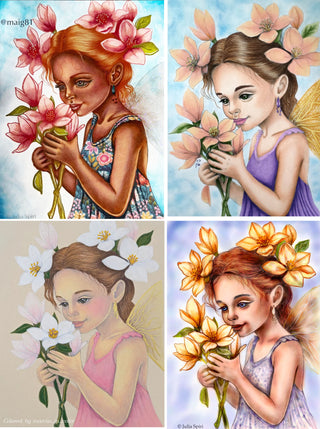 Grayscale Coloring Page. Whimsy Fairy Girl with Magnolias. Whispers of Magnolia