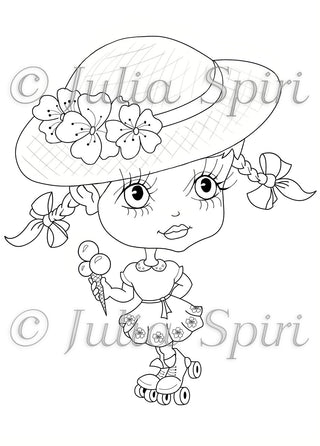 Coloring Page, Whimsy Little Girl on Roller Skates. Girl with Ice cream