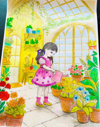 Grayscale Coloring Page, Girl Watering Flowers. The GreenHouse