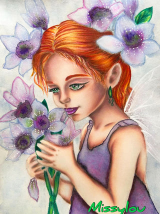 Grayscale Coloring Page. Whimsy Fairy Girl with Magnolias. Whispers of Magnolia