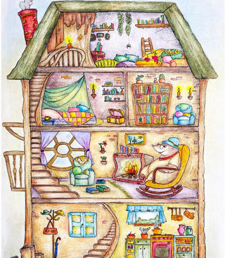 Coloring Page, Whimsy kitchen, bedroom, loft, library. Mole house