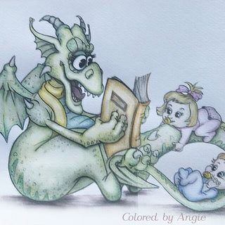 Coloring Page, Baby Girl and Baby Boy listen story. Nanny dragon - The Art of Julia Spiri