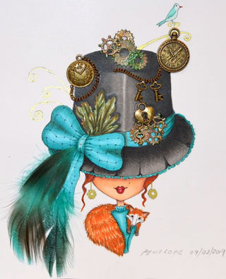 Coloriage, Vintage Steampunk Girl. Le chapeau fantaisie