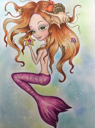 Grayscale Coloring Page, Little Mermaid in Ocean. Oceania Mermaid