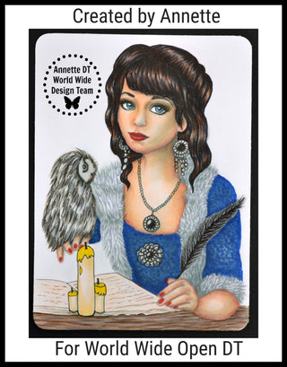 Grayscale Coloring Page, Vintage Girl with Owl. Elisabeth - The Art of Julia Spiri