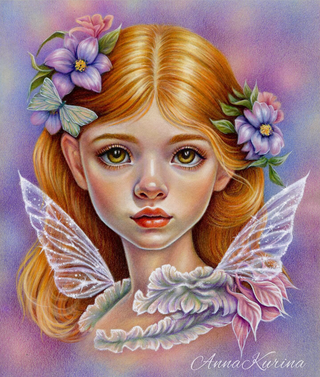 Page de coloriage en niveaux de gris, portrait fantastique de fille avec des fleurs. Jeune Fée